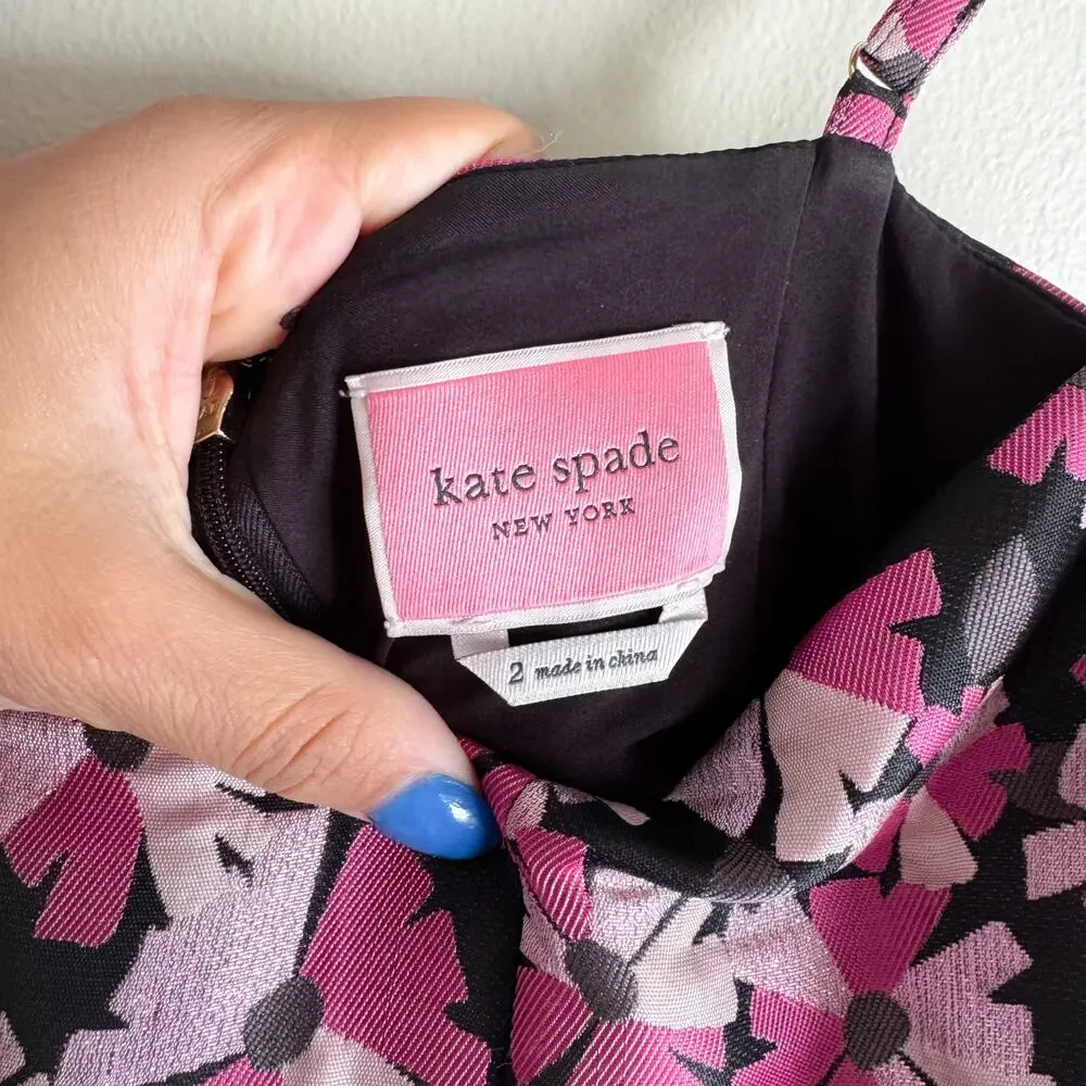 Kate Spade Black + Pink Wallflower Flower Jacquard Metallic Midi Dress - Size 2